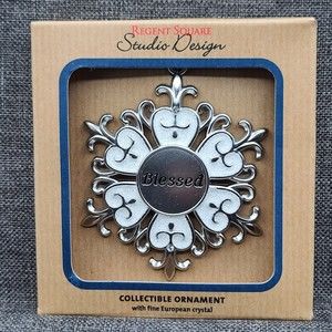 Regent Square Starburst "Blessed" Ornament 2.75" Silvertone/White NEW